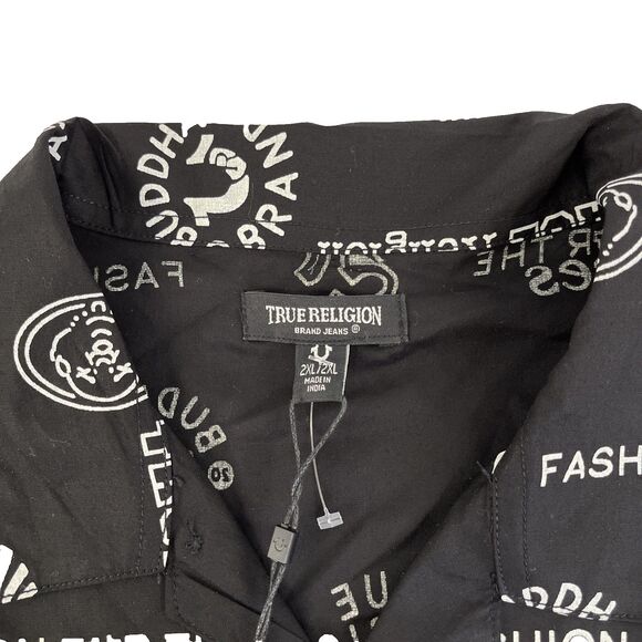 New Mens True Religion Short Sleeve AOP Resort Shirt Size XXL NWT Black Viscose - Picture 2 of 8